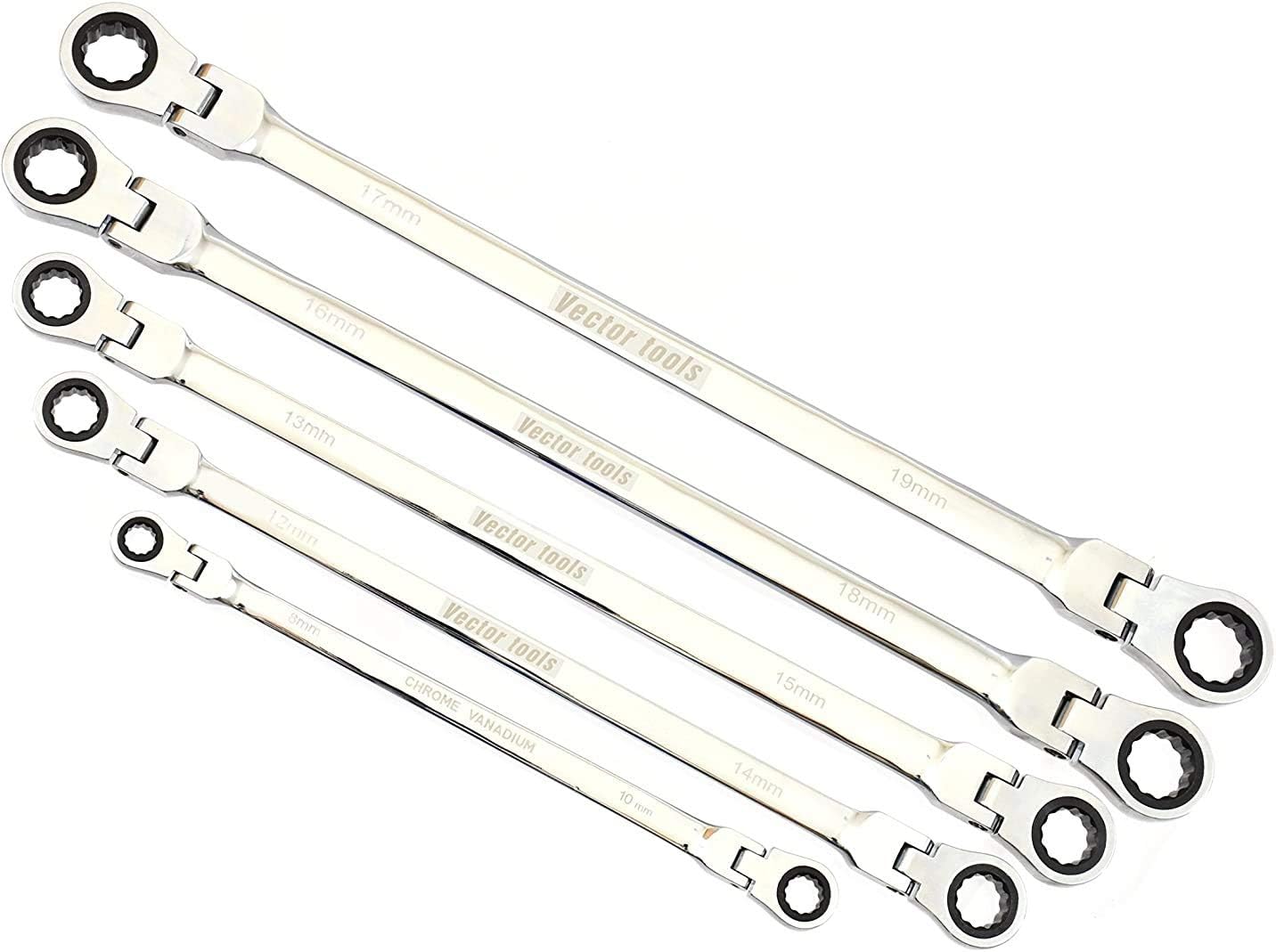 VCT 5pc Flex-Head Double Box End Ratcheting Wrenches CrV XL Design MM 8mm - 19mm