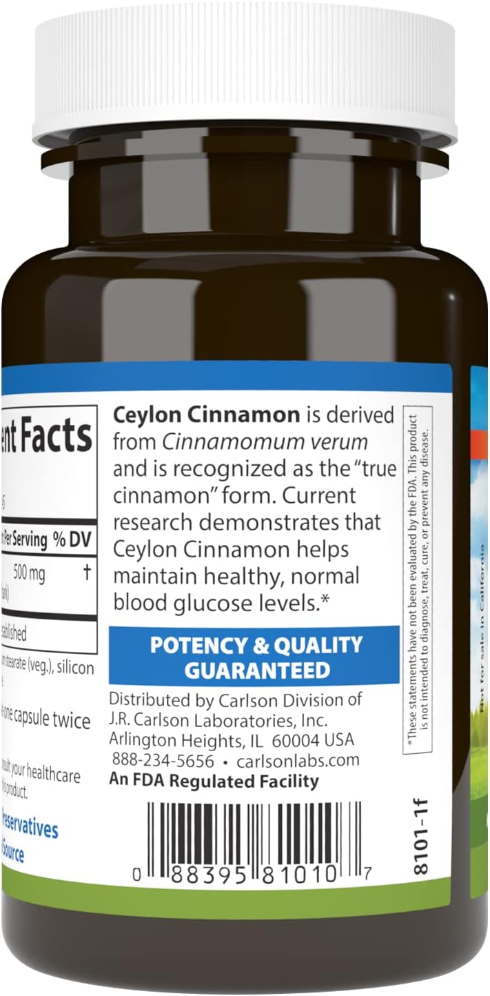 Carlson Ceylon Cinnamon, Cinnamon Supplements, 500 mg, 180 Capsules