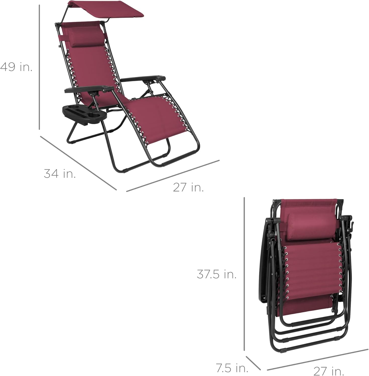 Best Choice Products Folding Zero Gravity Outdoor Recliner Patio Lounge Chair w/Adjustable Canopy Shade, Headrest, Side Accessory Tray, Textilene Mesh - Beige
