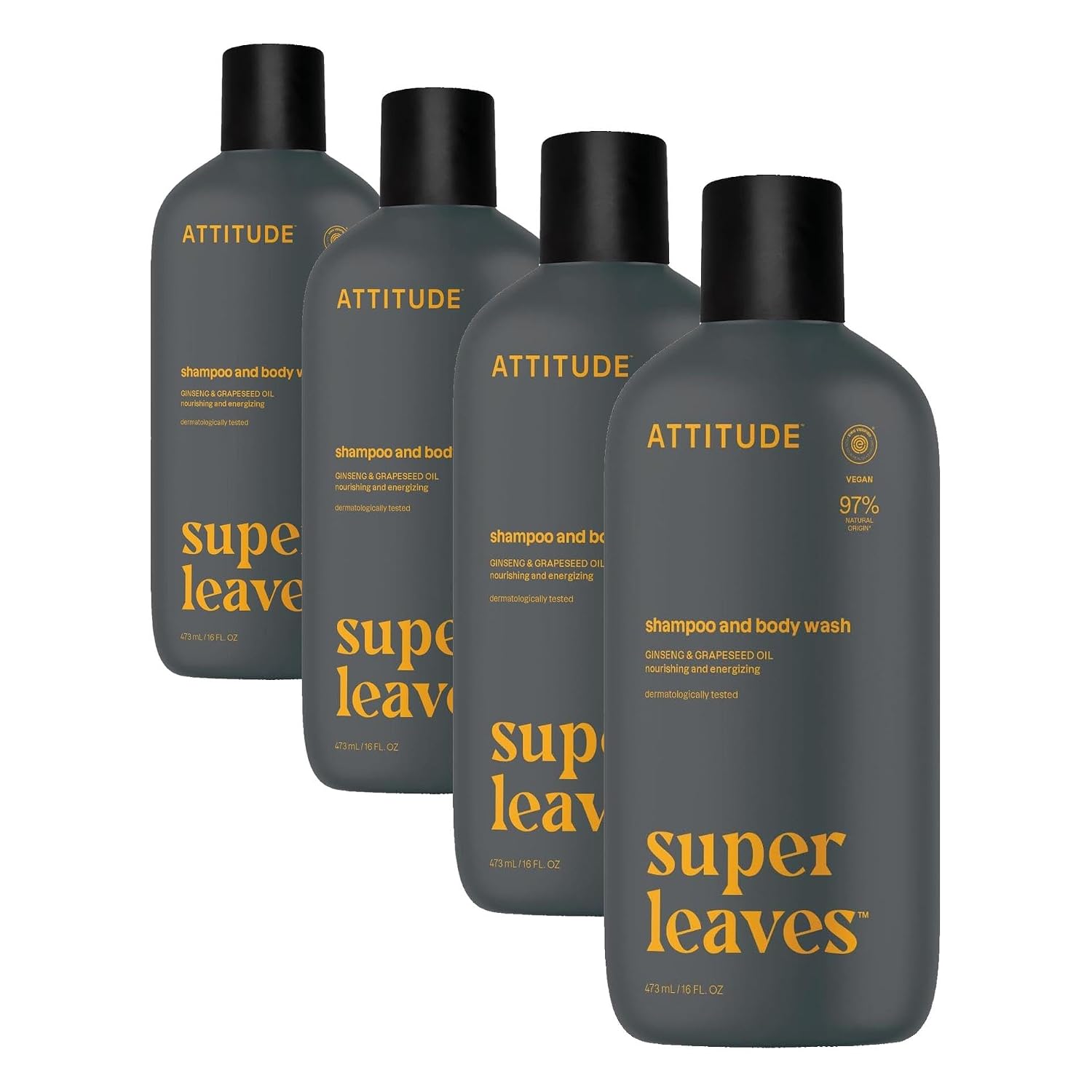 ATTITUDE 2-in-1 Body Wash & Shampoo for Men & Women, EWG Verified, Vegan, Natural Ingredients, Dermatologist-Tested, Ginseng and Grapeseed Oil, 16 Fl Oz