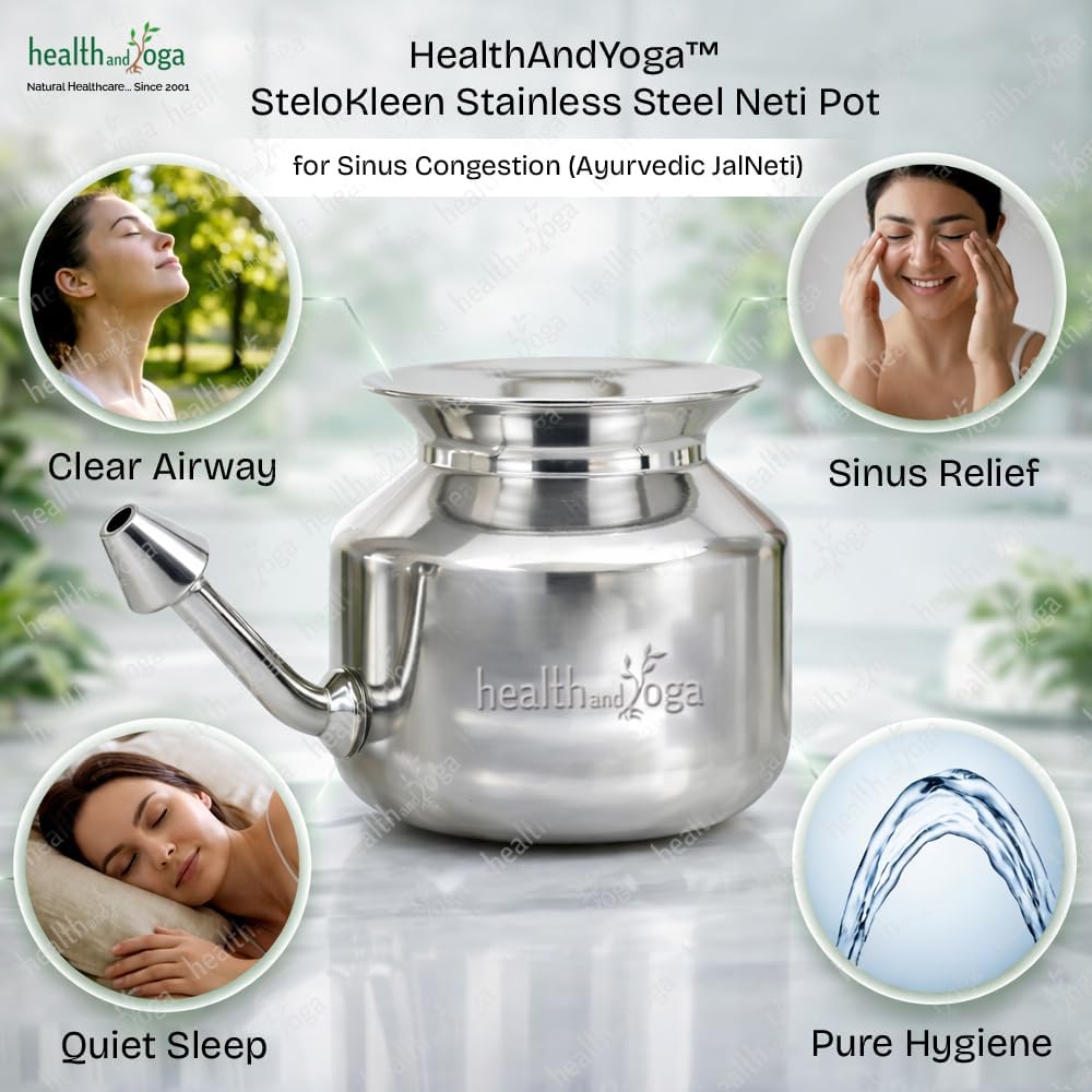 HealthAndYoga(TM) Stainless Steel Neti Pot for Sinus Congestion (Ayurvedic JalNeti)