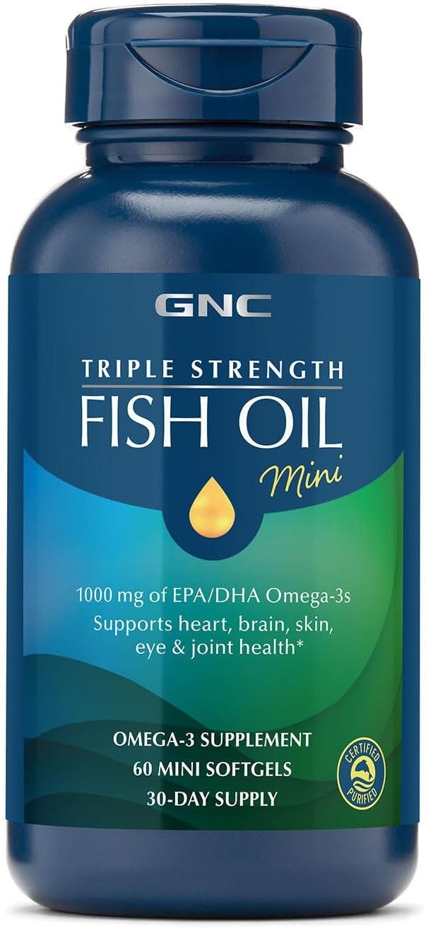 GNC Triple Strength Fish Oil Mini, 1000mg EPA & DHA, 120 Mini Softgels | Provides 1000mg EPA and DHA per Serving to Support Heart, Brain, Skin, Eye, Joint Health, and a Balanced Mood