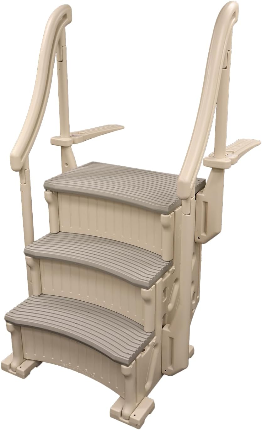 Confer Plastics Curved Drop-in Inground Pool Step 3 Tread Stair Entry System w/ 2 Handrails & Adjustable Mounting Brackets - Base Step, Grey Treads