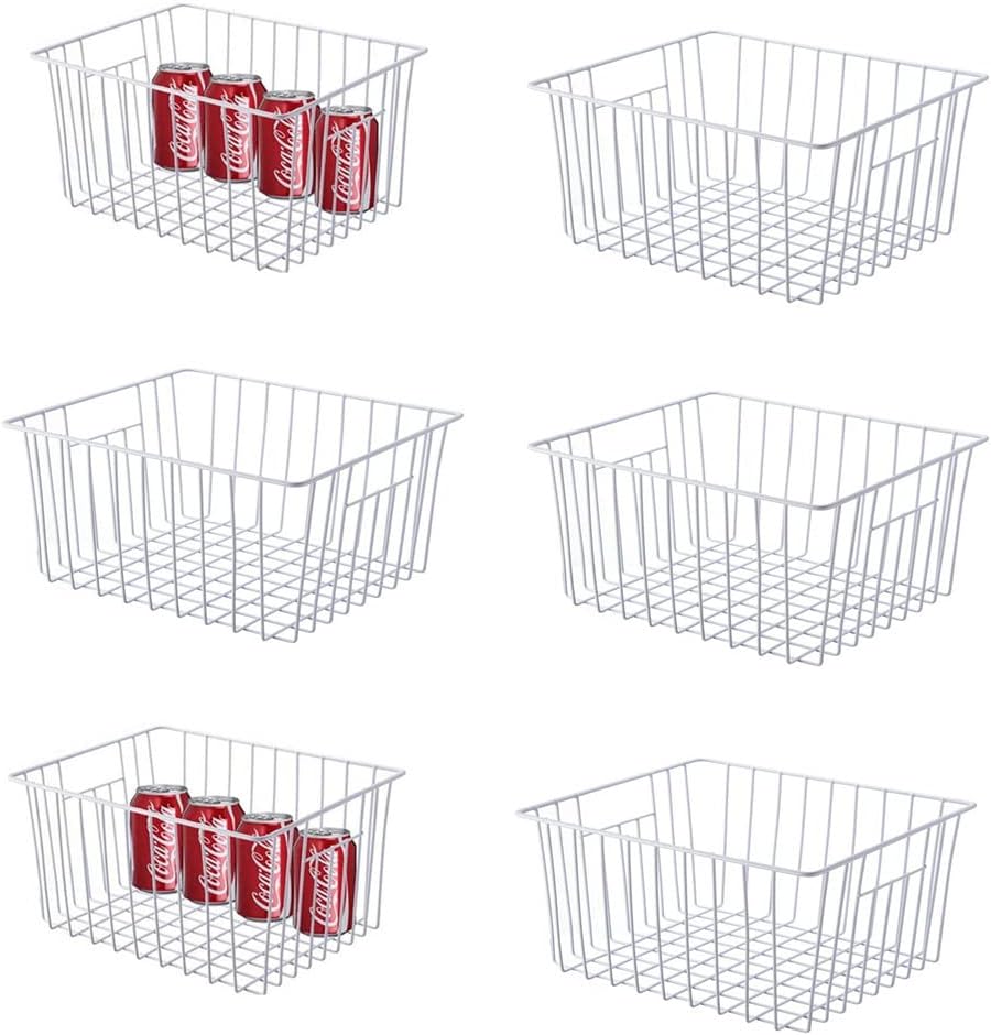 Freezer Organizer Bin, Kitchen Metal Wire Storage Basket, Pantry Cupboard Household Container Divider with Handles, Bathroom, Closet, Bedroom, Office