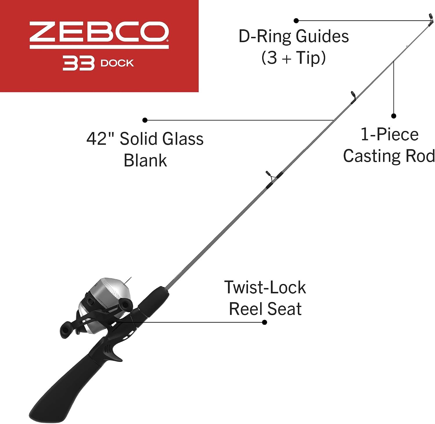 Zebco Dock Spincast Reel and Fishing Rod Combo, 42-Inch Durable Z-Glass Rod, Quickset Anti-Reverse Fishing Reel, Silver