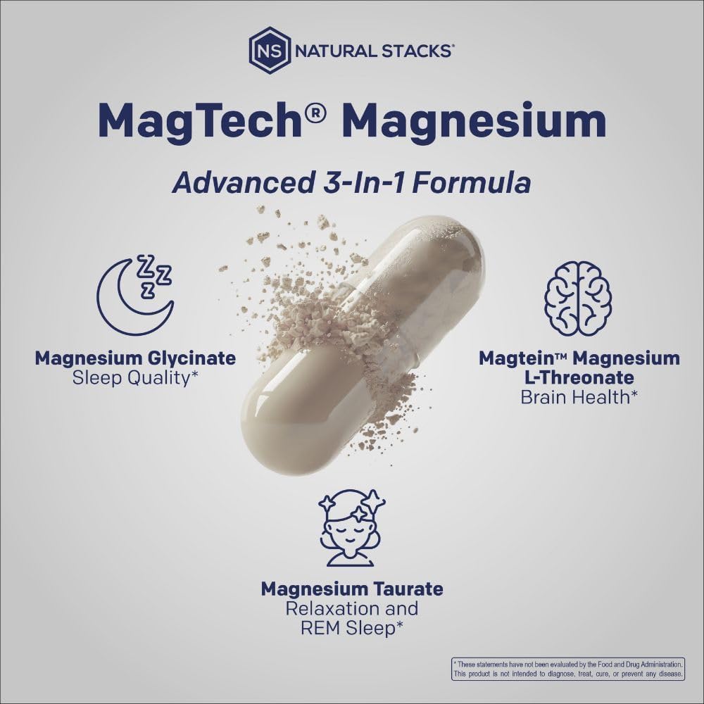 MagTech Magnesium Complex Glycinate, L-Threonate and Taurate, 90 Capsules | Advanced 3 in 1 200mg Chelated Triple Blend w/ Magtein - Supports Relaxation & Brain Health for Women & Men - Natural Stacks