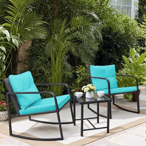 Greesum 3 Pieces Rocking Wicker Bistro Set,Patio Conversation Sets,Beige