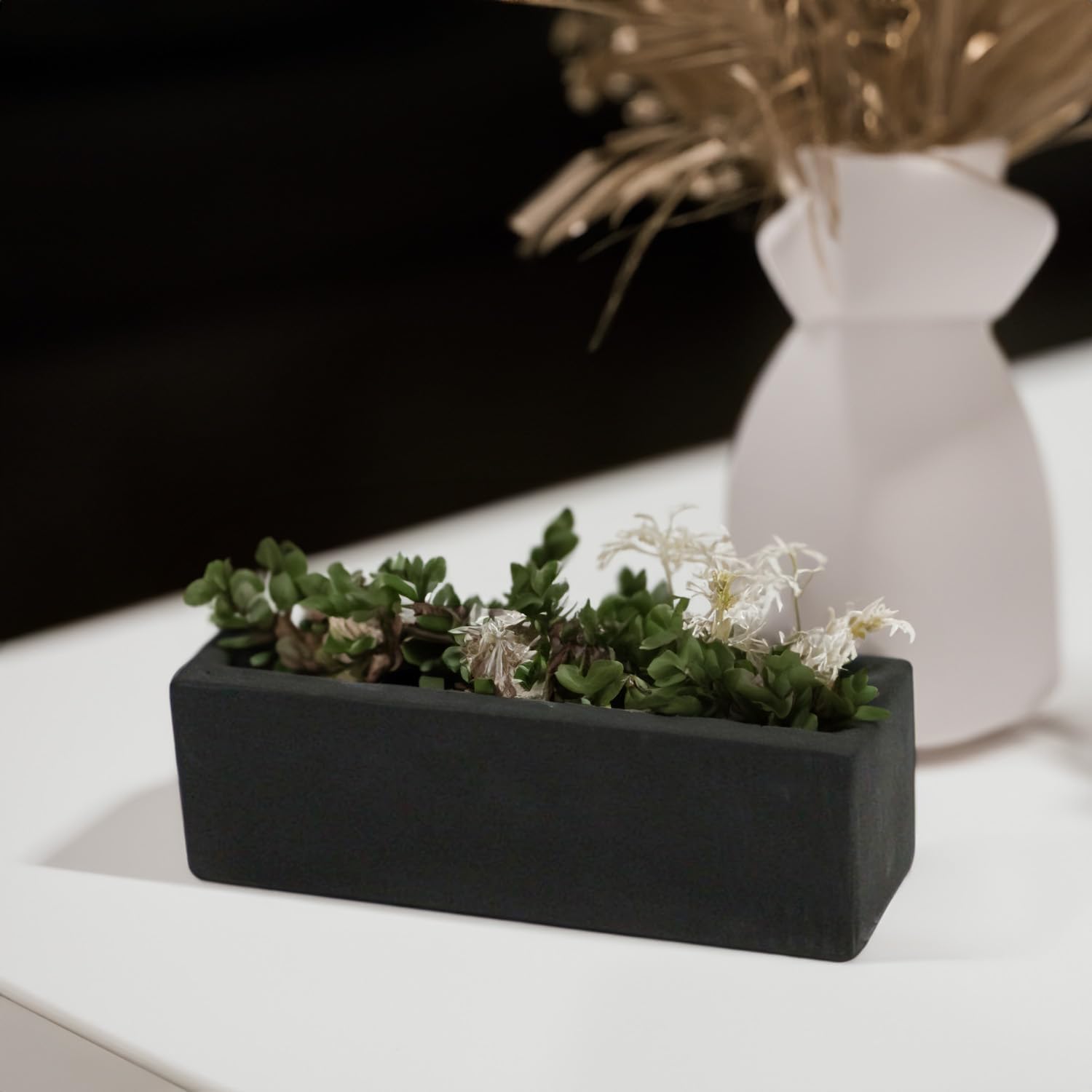 WGVI Long Rectangle Ceramic Planter Vase in White 14" x 4" x 4"H, Rectangular Box Block Terrarium Pot, Flower Arrangement, Tabletop Centerpiece