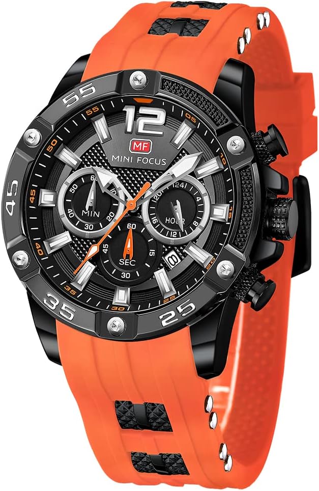 MF MINI FOCUS Men Watch, Chronograph Waterproof Sport Analog Quartz Watches Blue Silicon Strap Fashion Wristwatch for Men