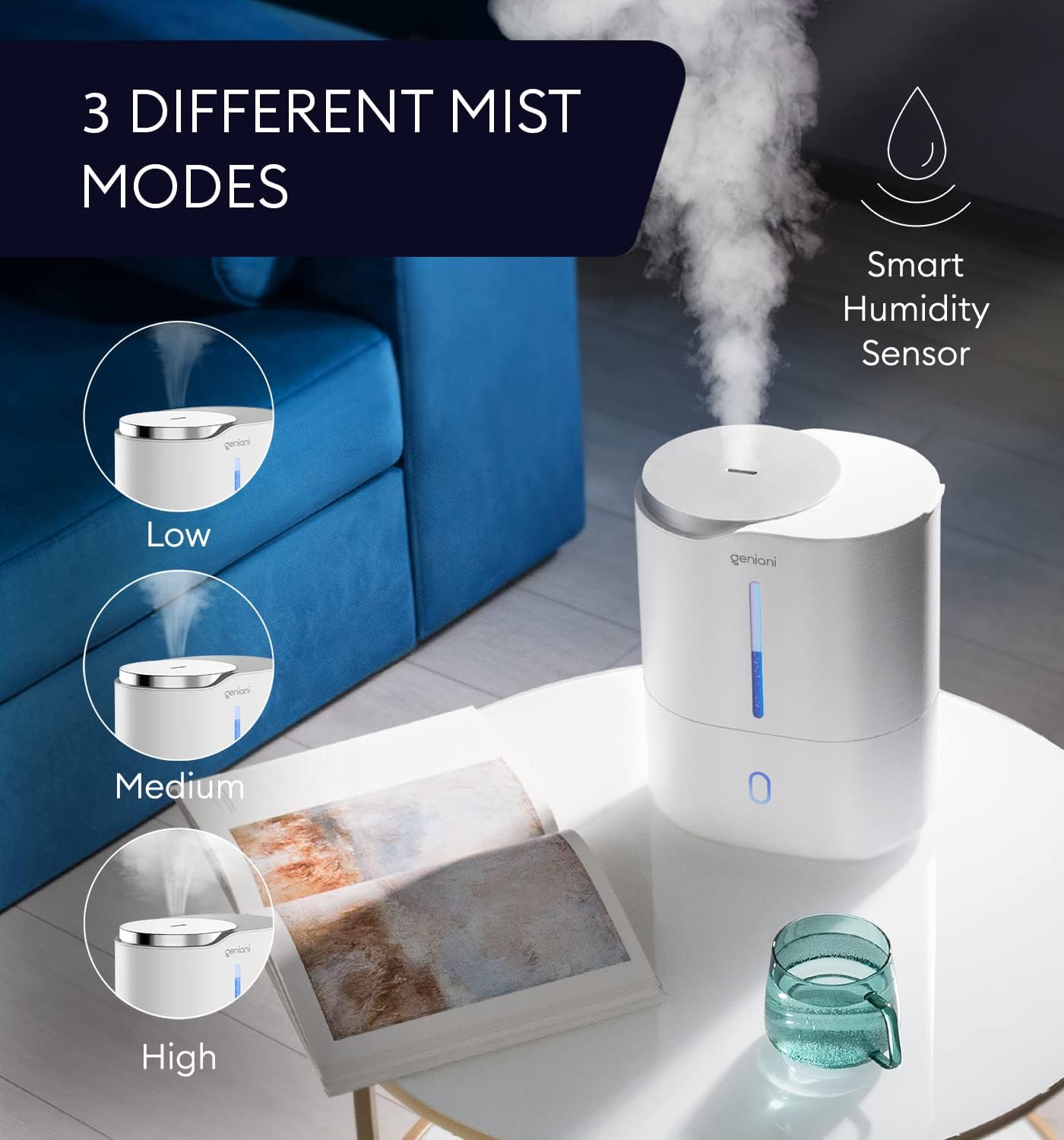 GENIANI Portable Cool Mist Humidifiers for Bedroom & Office - Ultrasonic Humidifier for Home, Baby, Small Room with Auto Shut Off