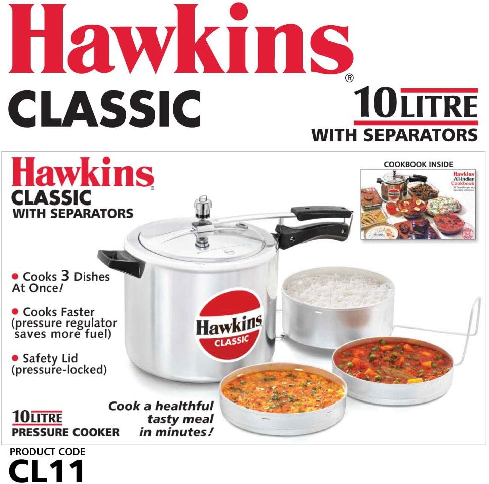 Hawkins 6.5 Litre Classic Pressure Cooker with Pots, Inner Lid Cooker with Separator Set, Silver (CL66)