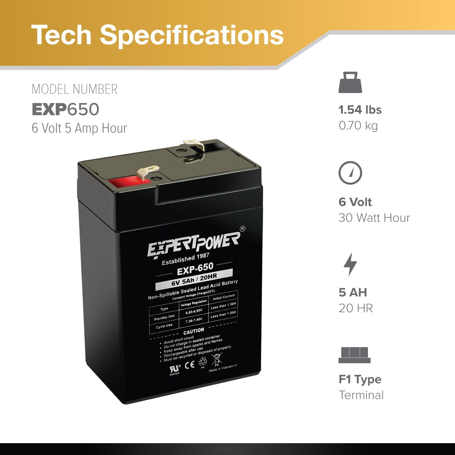 ExpertPower EXP650-6V 5Ah / 20HR SLA Rechargeable 6V Battery for Ride on Toys, Emergency Light, Exit Sign Battery Replacement, Sealed Lead Acid 6 Volt Batteries with F1 Terminals