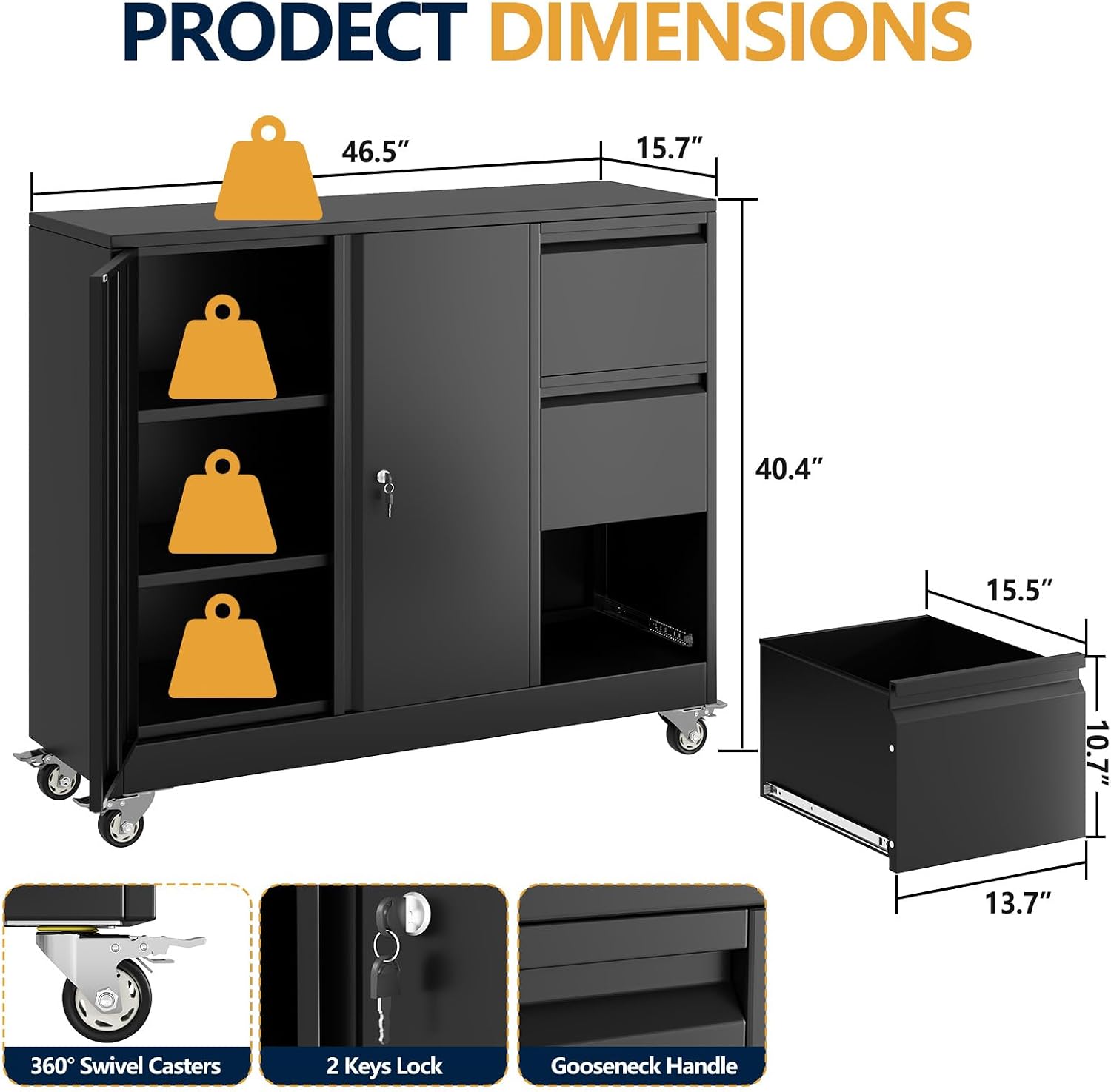 3 Drawer File Cabinet, Office Mobile Filing Cabinet, Printer Stand | All-in-One Office Storage, 3 Storage Drawers, 2 Adjustable Shelves, Lockable Cabinet, 4 Casters, 46.5-Inch Top