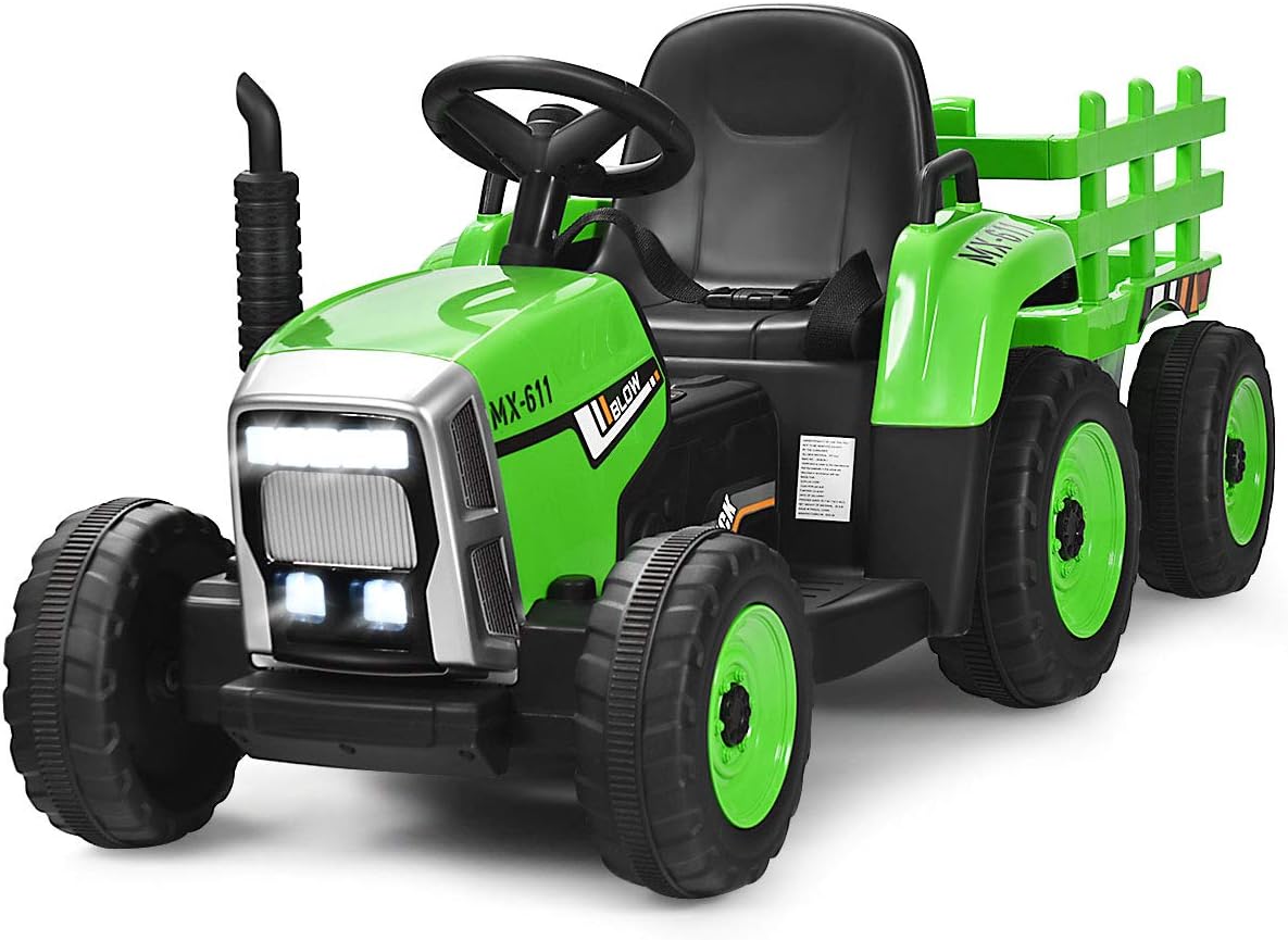 Costzon Ride on Tractor with Detachable Trailer, Kids' Electric Vehicles w/3-Gear-Shift Ground Loader, Wireless Design & USB, 7 LED Headlights