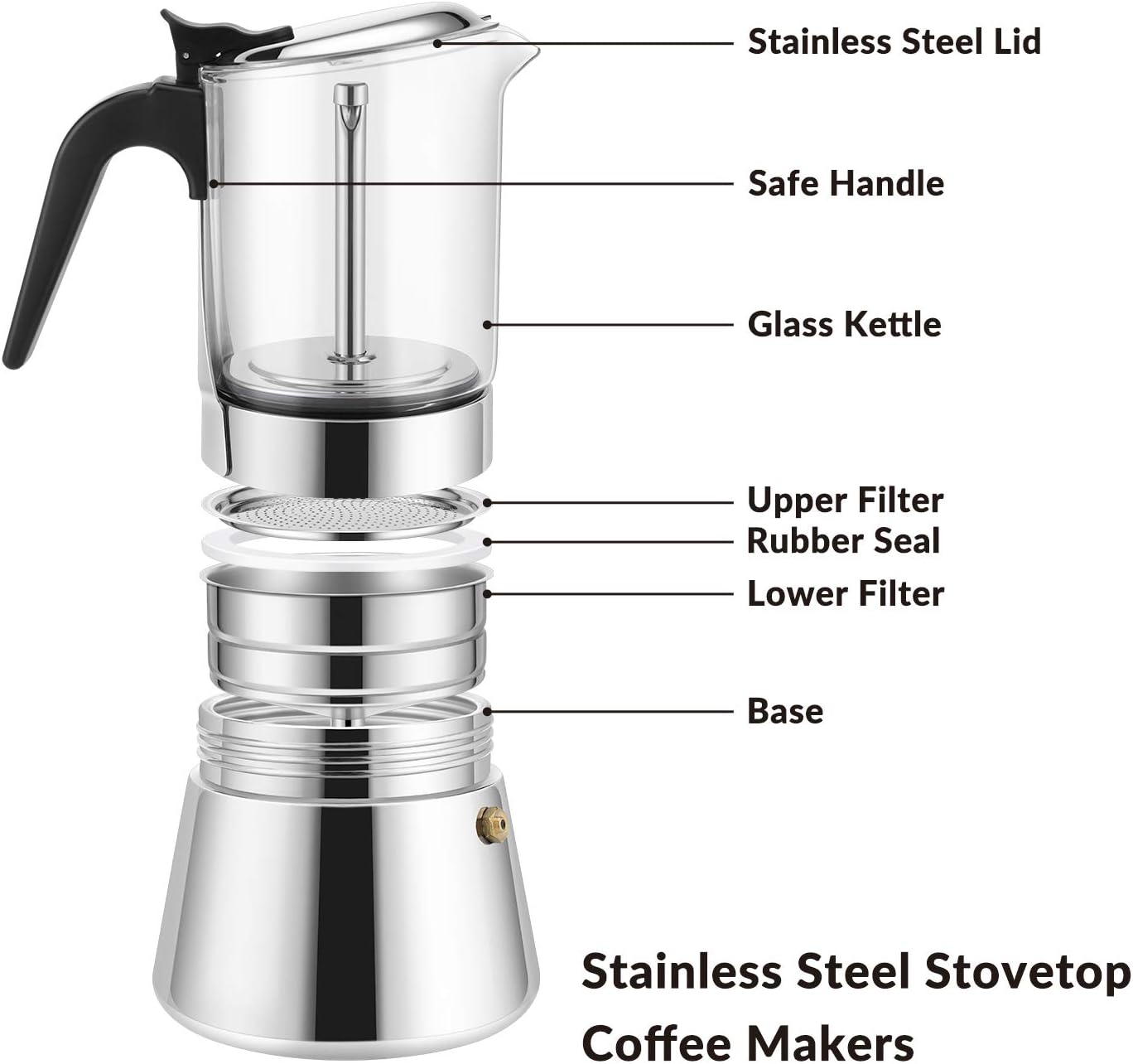 Geesta Premium Crystal Glass-Top Stovetop Espresso Moka Pot - 4/6/ 9 Cups - Stainless Steel Coffee Maker- 160ml/5.6oz/4 cup (espresso cup=40ml)