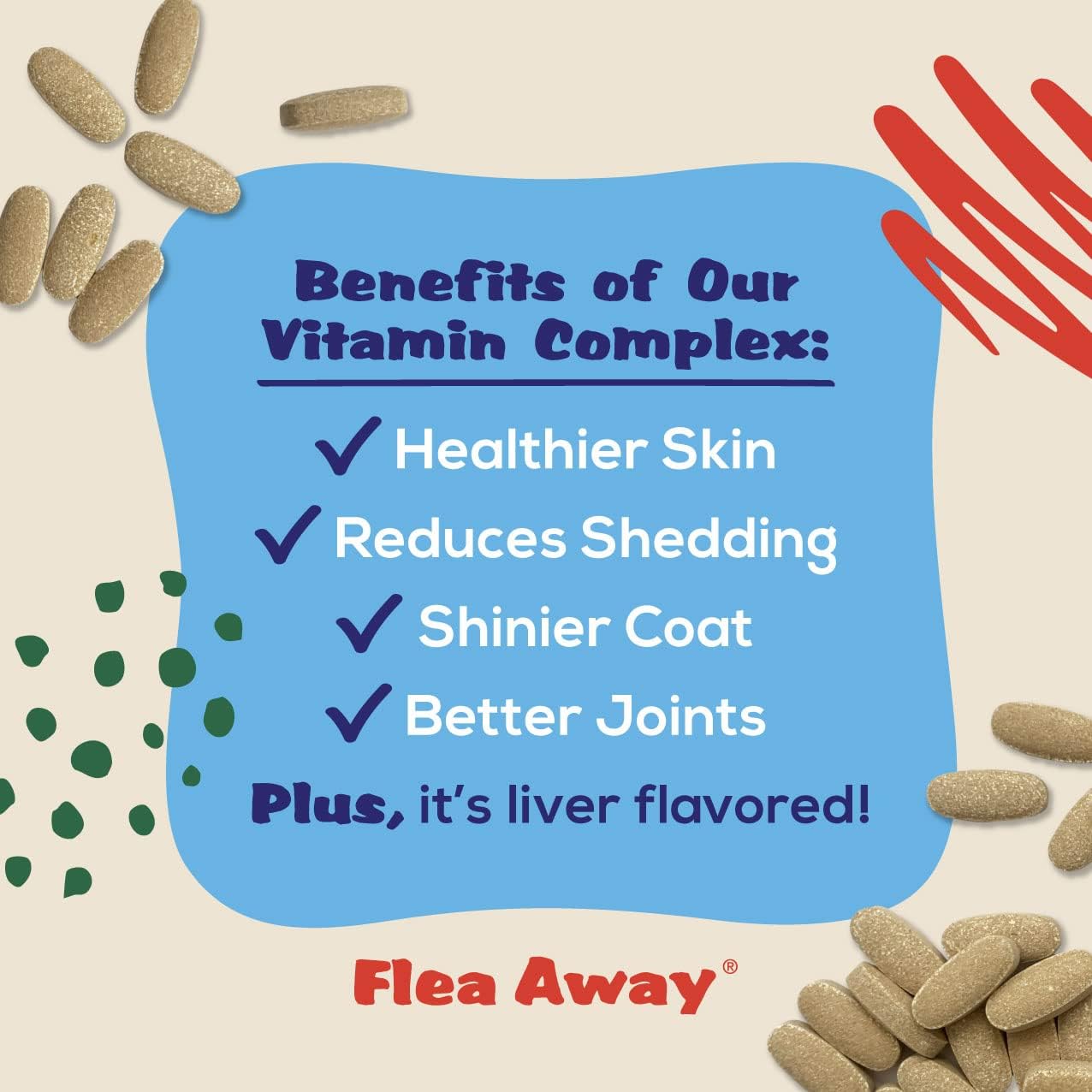 Flea Away All Natural Supplement for Fleas, Ticks, and Mosquitos Prevention for Dogs and Cats, 100 Chewable Treat Tablets, Single