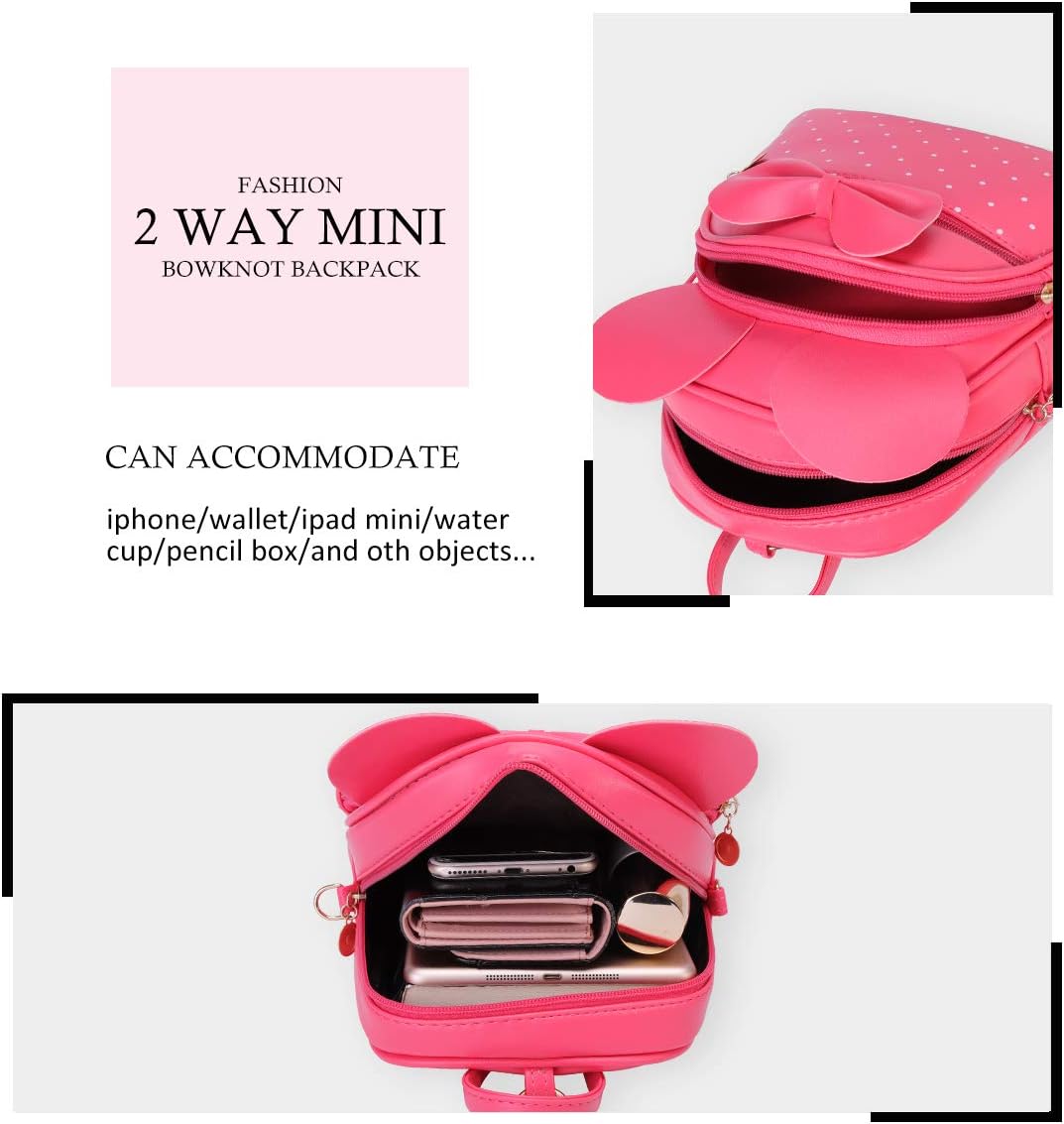 KL928 Girls Mini Backpack Bowknot Polka Dot Cute Small Daypacks Convertible Shoulder Bag Purse for Women