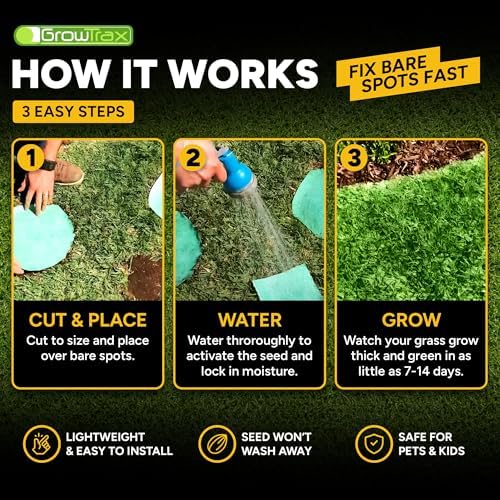 Growtrax Biodegradable Grass Seed Mat - 50 Sq Ft Bermuda Rye | Grass Seed and Fertilizer for Lawns, Dog Patches & Shade, Just Water and Grow