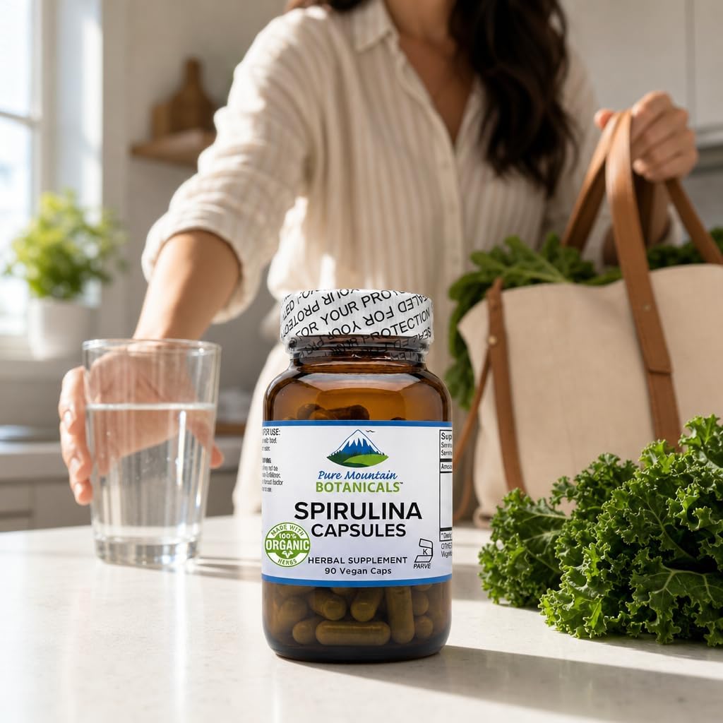 Pure Mountain Botanicals Spirulina Capsules 90 Count - 450mg Organic Spirulina - Kosher Vegan Non-GMO - Superfood Supplement - Espirulina