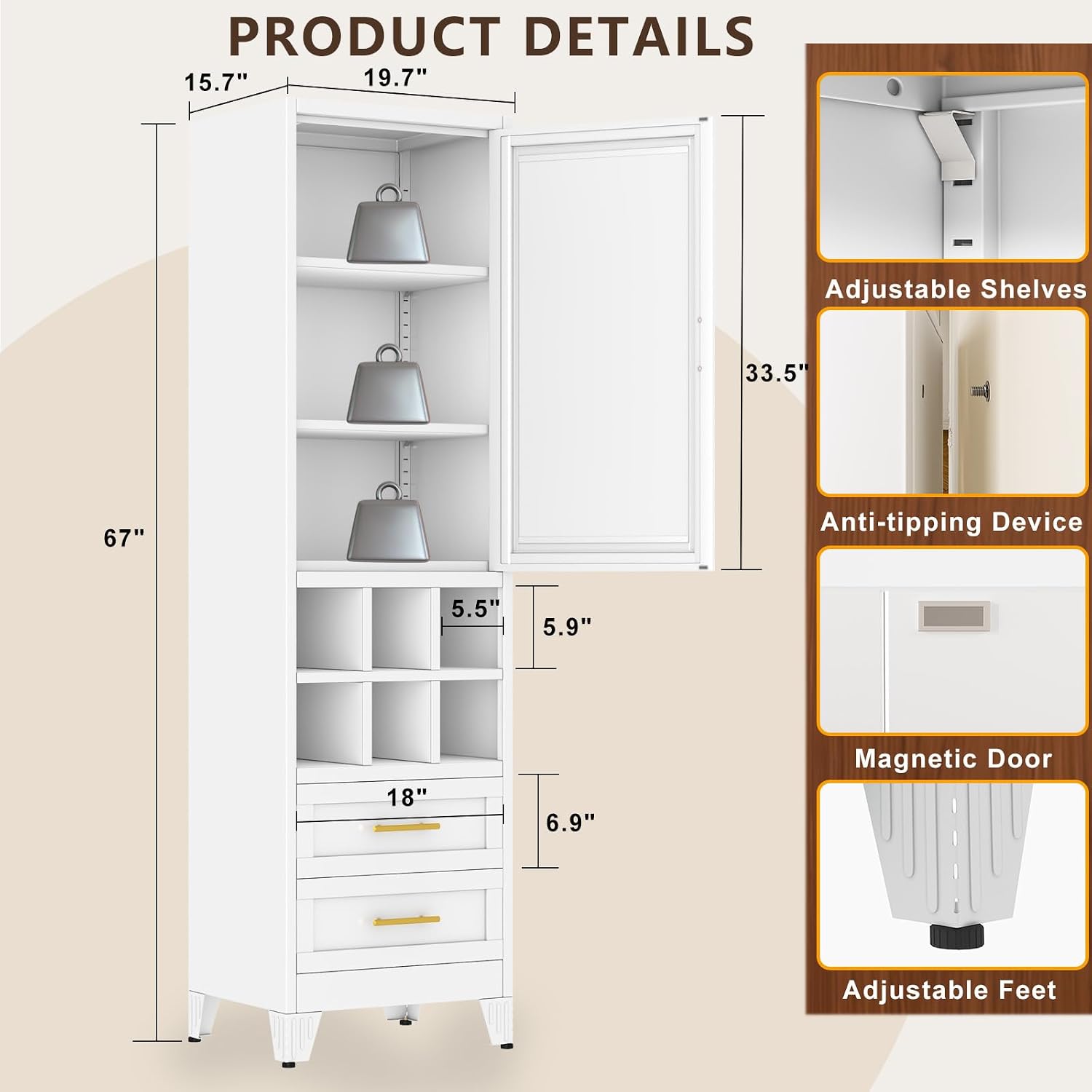 pozdeg 67" Tall Narrow White Metal Storage Cabinet | 2 Doors, 4 Adjustable Shelves, Freestanding Slim Pantry Organizer for Bathroom Kitchen Living Room