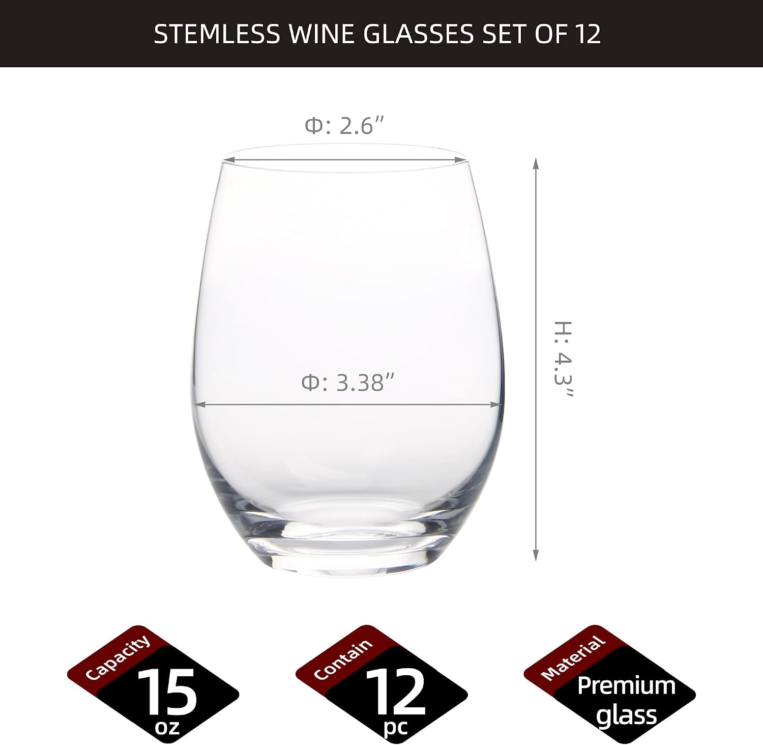 FAWLES Stemless Wine Glasses Set of 12, 15 Ounce Smooth Rim Standard Wine Glass Tumbler for Red, White Wine, Dishwasher Safe