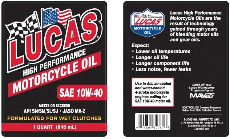 Lucas Oil 10700 High Performance SAE 20W-50 Motorcycle Oil - 1 Quart (Pack of 6)