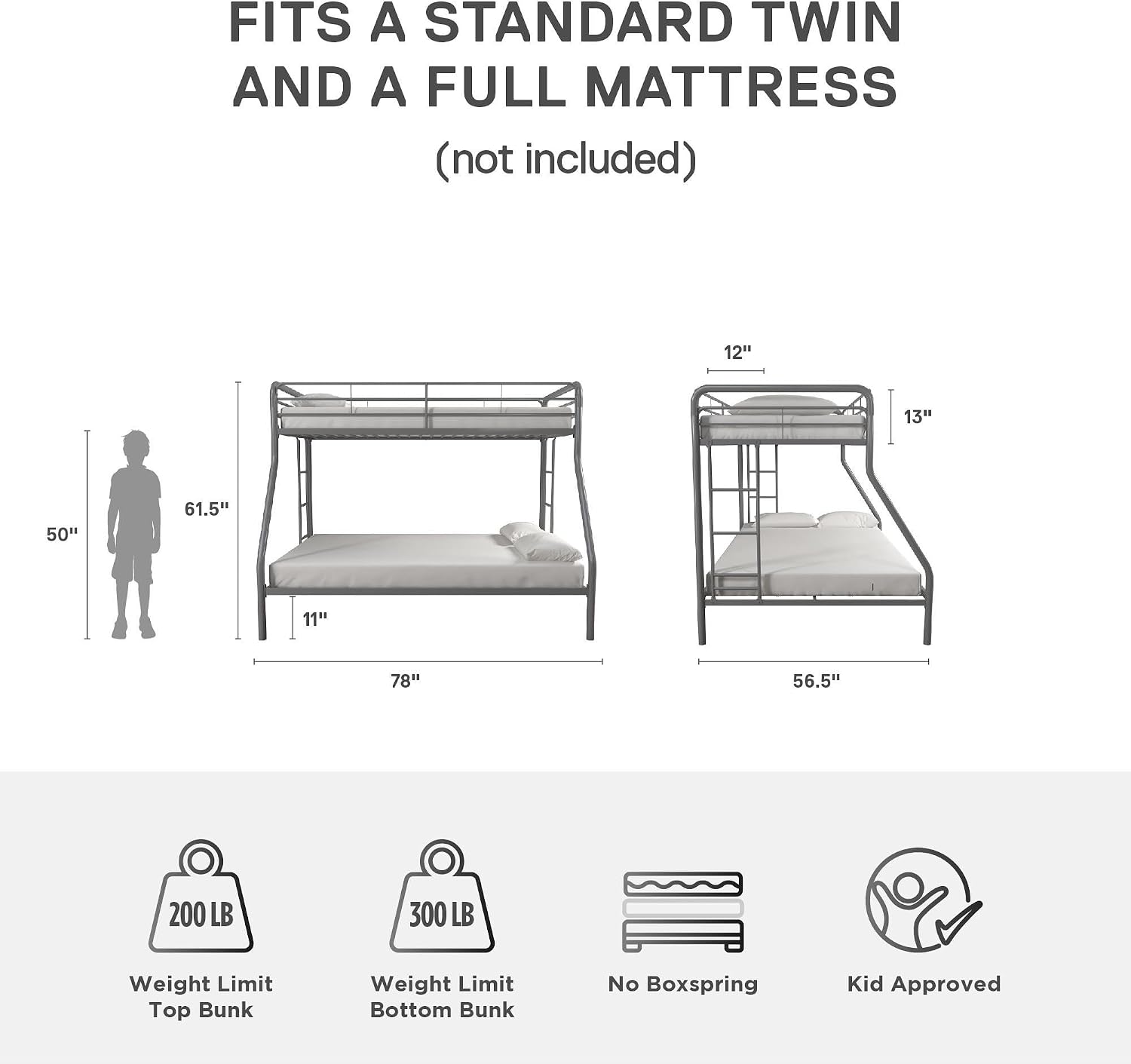 DHP Twin-Over-Futon Convertible Couch and Bed with Metal Frame, Ladder and Guardrails - Black