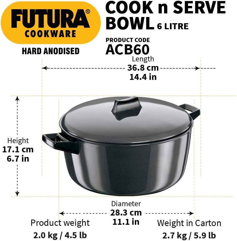 Hawkins Futura 6 Litre Cook n Serve Bowl, Hard Anodised Saucepan with Hard Anodised Lid, Sauce Pan for Cooking and Serving, Black (ACB60) (Aluminium)