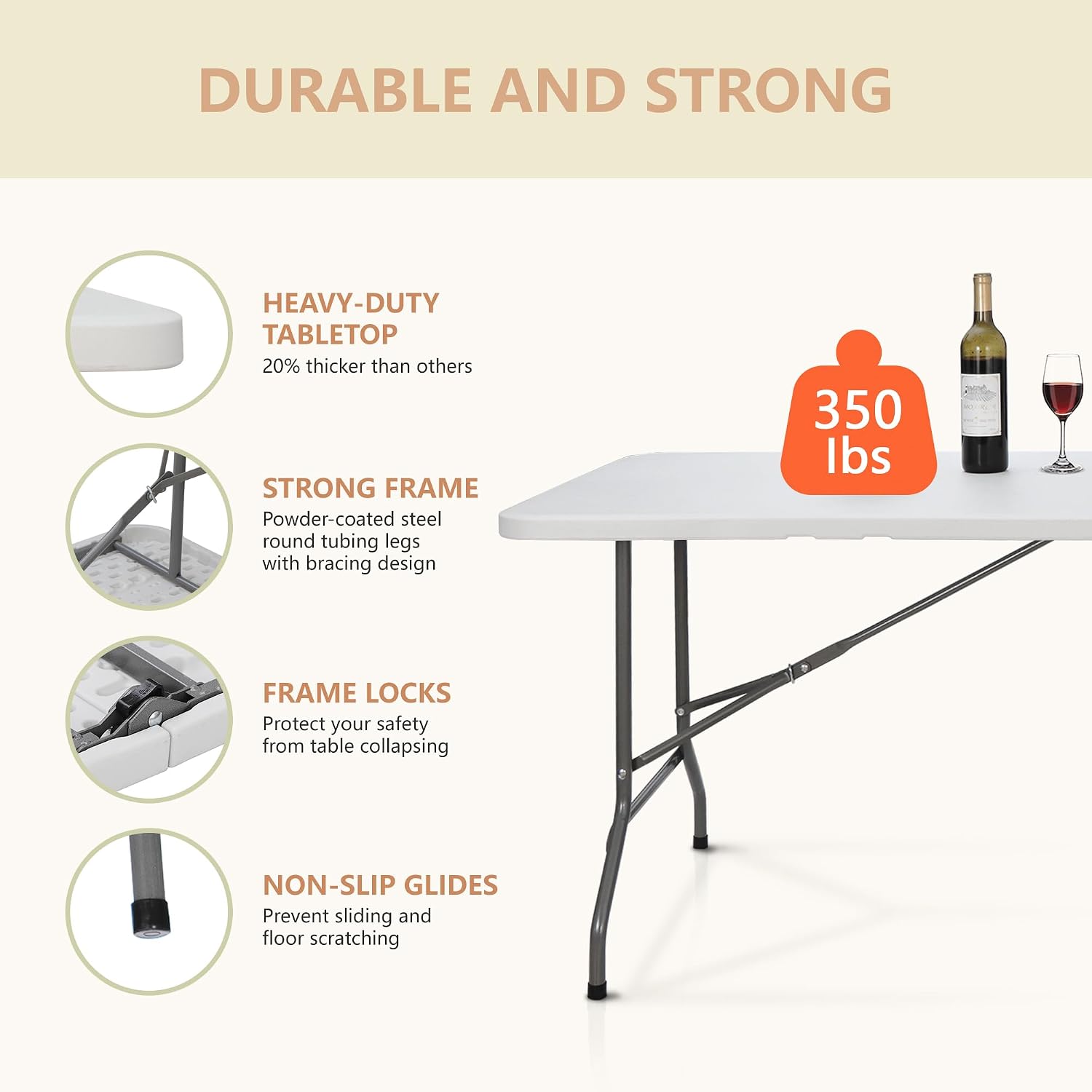 ZenStyle 6 ft Indoor Outdoor Heavy Duty Plastic Folding Table Portable Picnic Table Fold-in-Half Utility Table w/Handle and Steel Legs for Camping