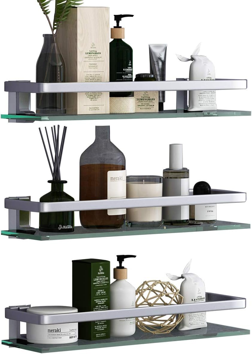 VOLPONE Bathroom Wall Shelf 15.7in Bathroom Glass Shelves Wall Mount Glass Shelf Rustproof Bathroom Wall Organizer 3 Tier (Sliver)