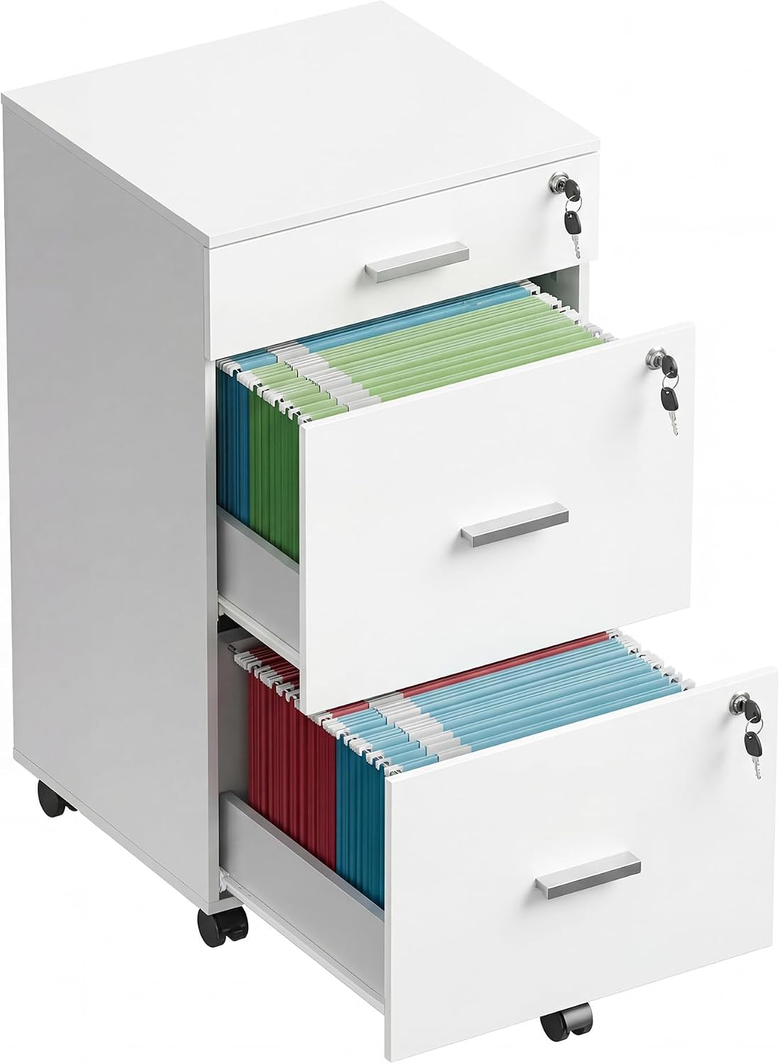 DEVAISE 3 Drawer File Cabinet with Lock & Wheels, Wood Printer Stand | Mobile Filing Cabinet Fits Letter/A4 Size; Rustic Brown Wood Printer Stand Keeps Home Office Files Secure And Organized