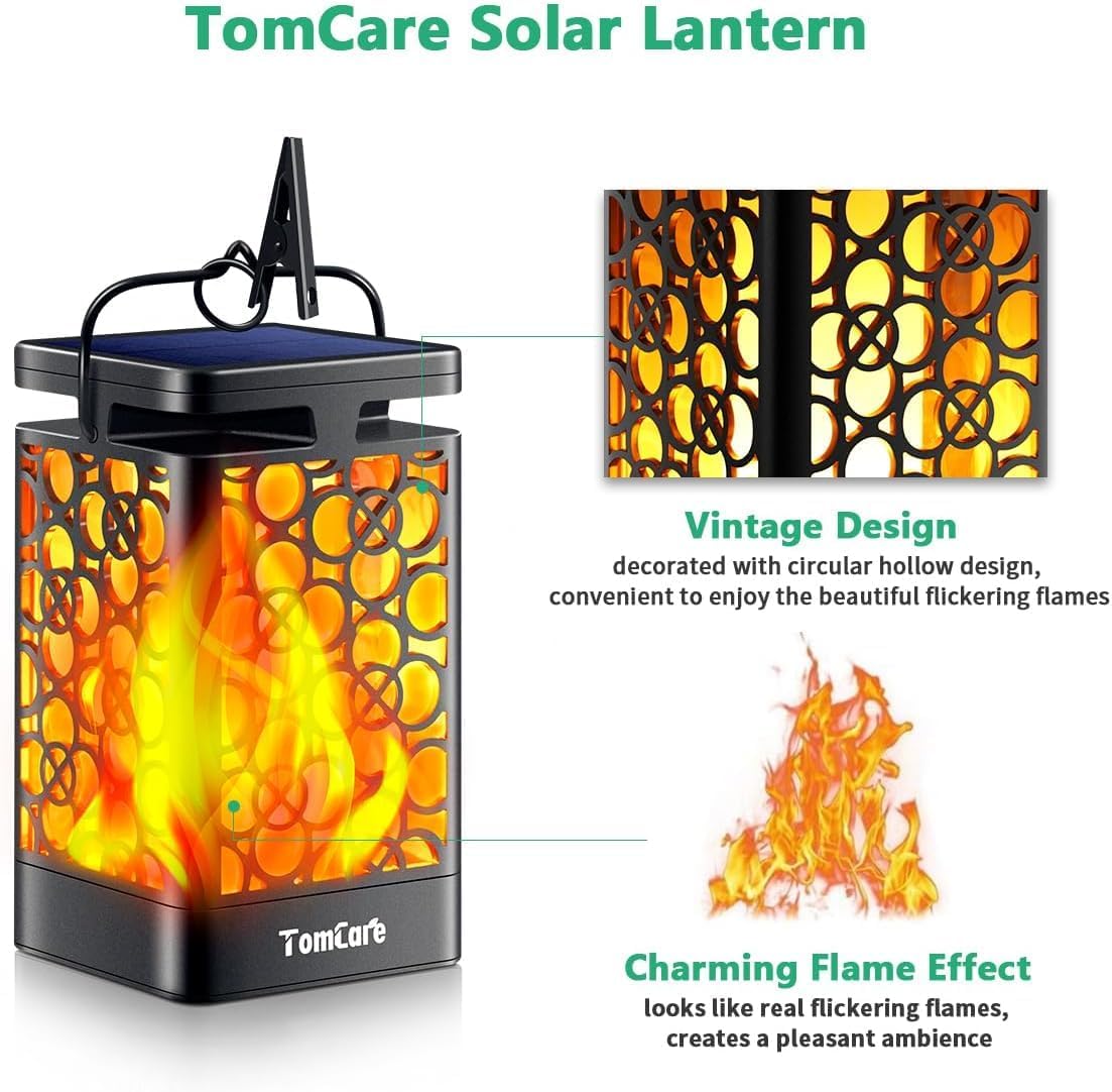 TomCare Solar Lanterns Outdoor, Flickering Flame Hanging Lights, 2 Pack