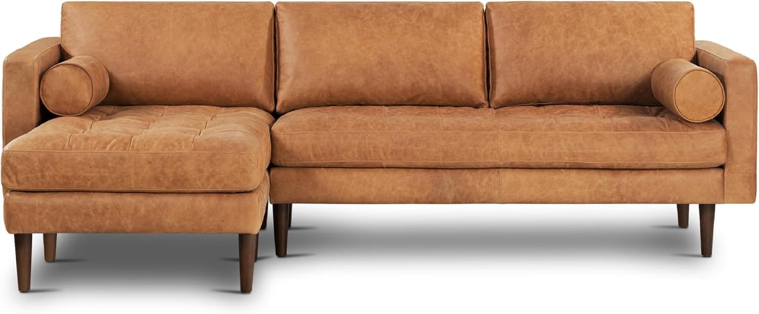 Poly & BARK 55" Tufted Leather Bed Bench for Bedroom End of Bed - Living Room Entry Way Bench - Pure Italian Leather Upholstery with a Solid Wood Frame - Ottoman Bench with Wooden Legs - Cognac Tan