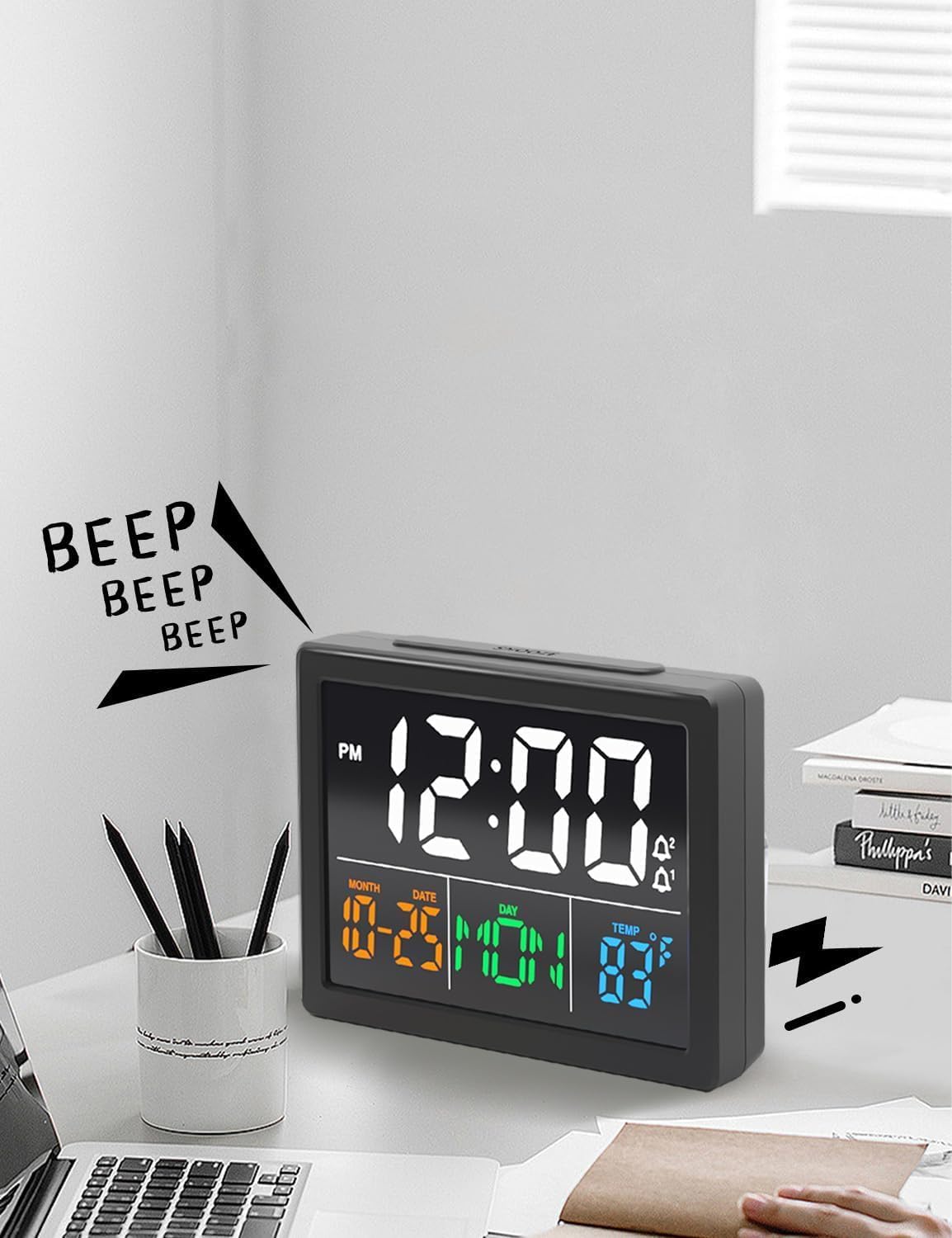 JALL Digital Clock with Date Day for Seniors, Electric Alarm Clocks for Bedrooms with Temperature, 2 Alarms, Dimmer, Dual USB Charger, Battery Backup