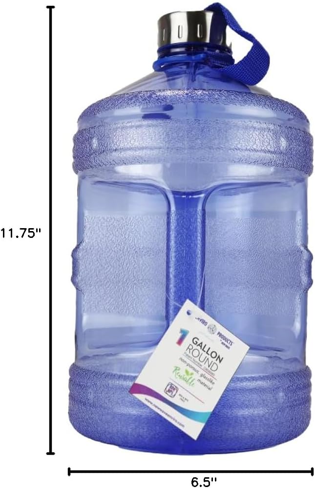 New Wave Enviro Iconic 1 Gallon Round BPA Free Water Bottle with Stainless Steel Cap and Integrated Handle, Ideal for Gym and Outdoor Life, Blue