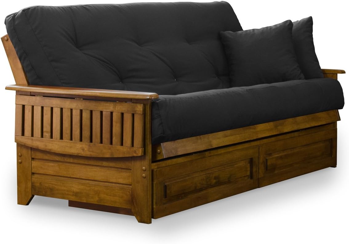 Brentwood Tray Arm Futon Frame, Drawers, and Khaki Mattress Set - Queen, Rich Heritage Finish