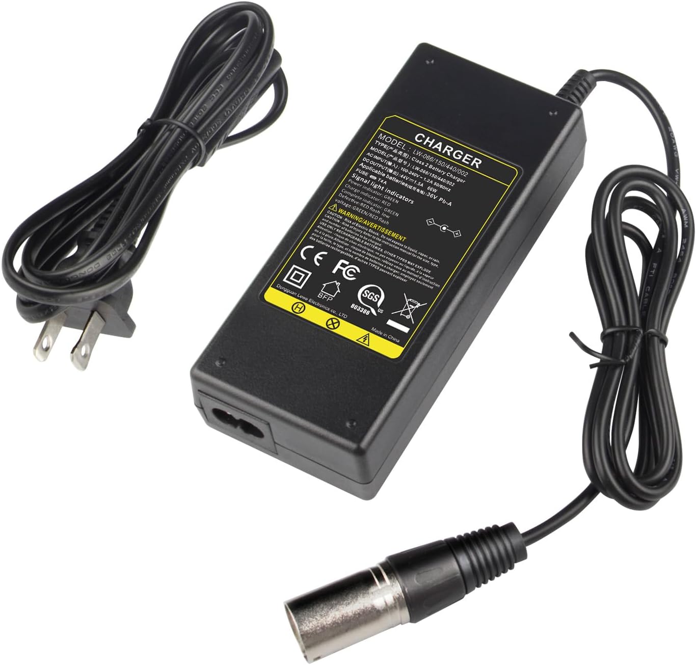 36V 1.8A Female 3-Pin XLR Lead Acid Battery Charger with 3-Prong Inline Power Supply Cord for 36V Boreem Jia, Minimoto, Rad2Go, Electric Scooter, ATV