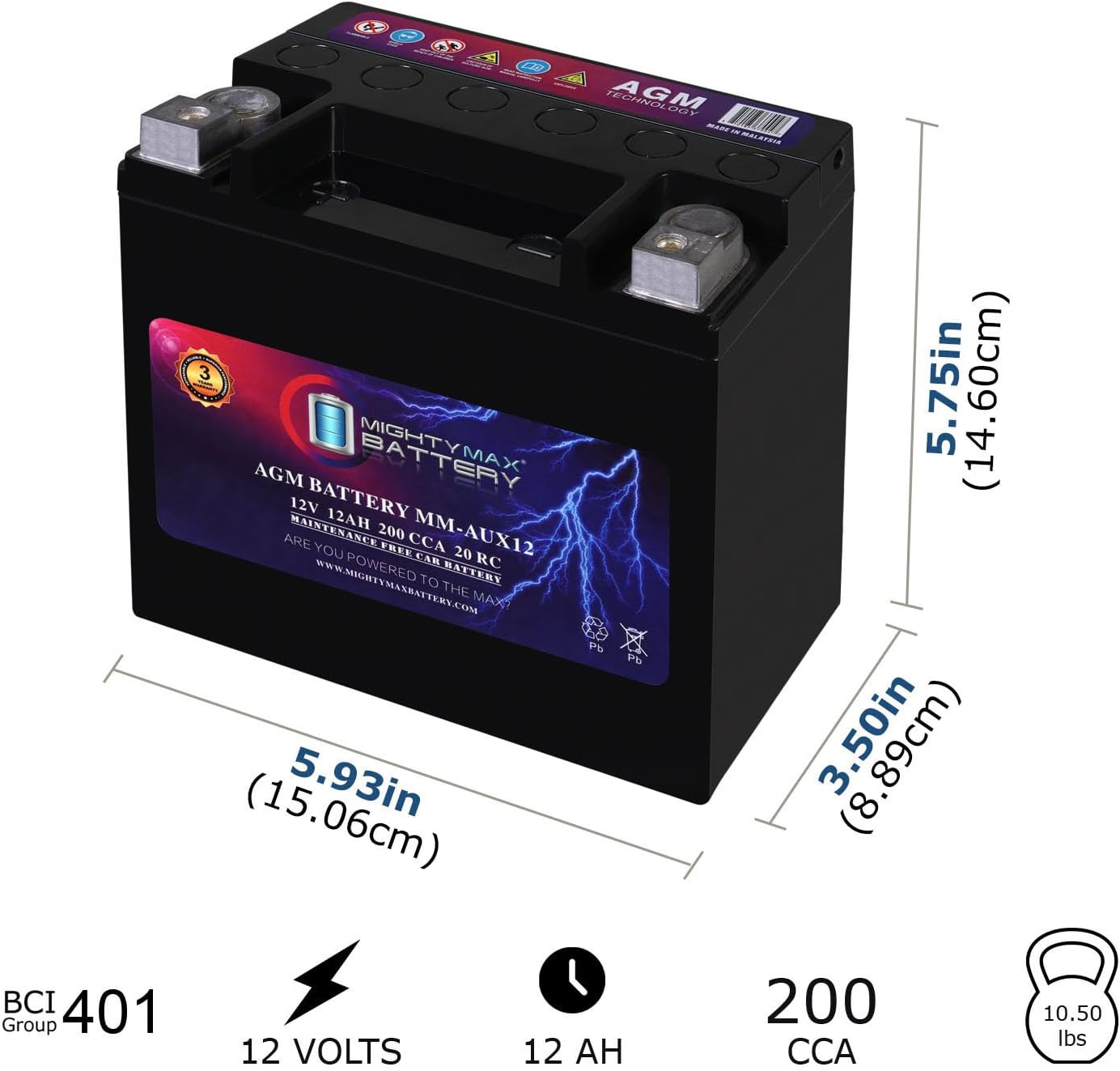 Mighty Max Battery MM-H8 Start and Stop Car BCI Group 49 12V 95Ah, 160RC, 900 CCA Rechargeable AGM Car Battery