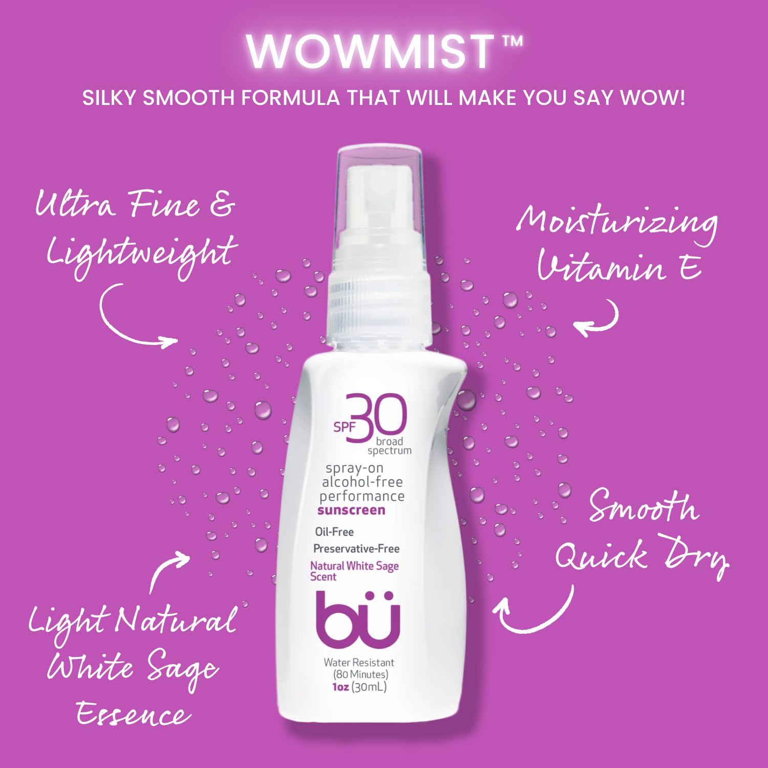BU SPF 30 Sunscreen Spray for Face and Body, Non Aerosol Spray, Ultrafine WOWmist, TSA Travel Size Sunscreen, Clear, Non Greasy, Water Resistant, White Sage 3.3 oz