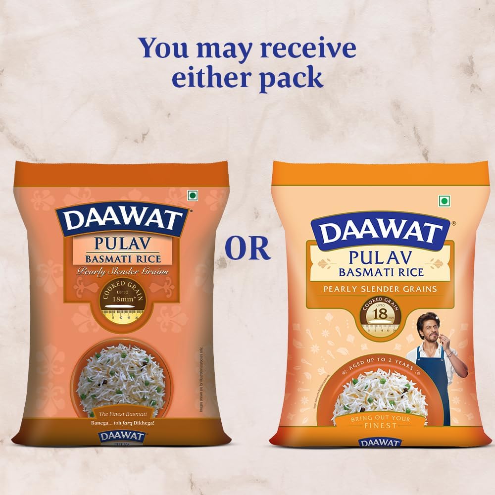 Daawat Pulav Basmati Rice | Naturally Aged Long & Slender Grains | Fluffy Non-Sticky Texture | Perfect for Pulav & Everyday Meals, 1 kg (2.2 lb)