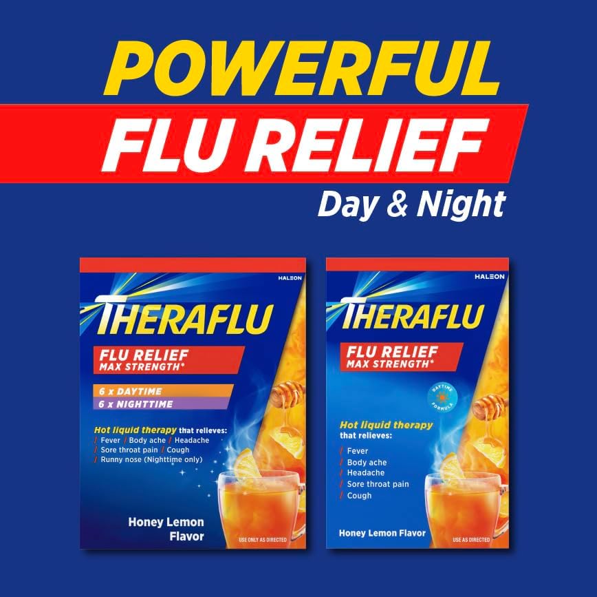 Theraflu Day and Night Pack, Severe Cold Relief, 18 Packets | Honey Lemon Flavor, Cold, Cough, and Flu Relief Powder for Use in Hot Liquids