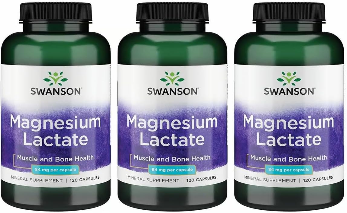 Swanson Magnesium Lactate Lactose-Free, 84 mg, 120 Capsules | Lactose-Free Mineral Supplement for Muscle and Bone Health Support, Gentle on the Stomach, Non-GMO and Gluten-Free