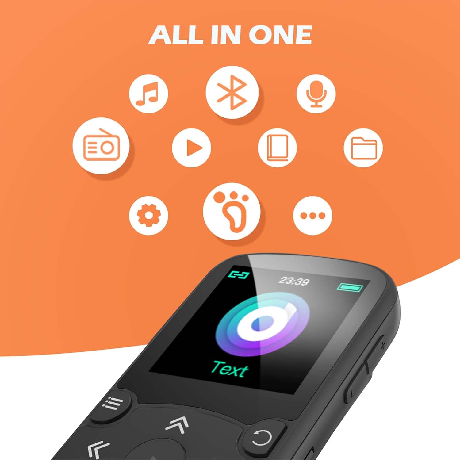 AGPTEK 64GB MP3 Player with Clip, A65 Bluetooth 5.3 Music Player for Sports | with FM Radio, Voice Recorder for Running, Supports up to 128GB TF Card, Orange