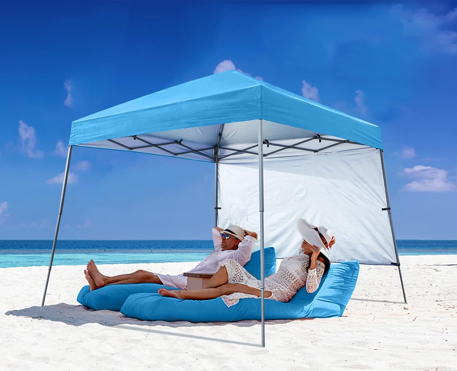 ABCCANOPY Outdoor Pop Up Canopy 10x10 Beach Camping Canopy with 1 Sun Wall, Bonus Backpack Bag, Stakes and Ropes, Sky Blue | Backpack Carry Bag, Stakes & Guy Ropes Included, Easy Setup; For Beach, Camping, Backyard
