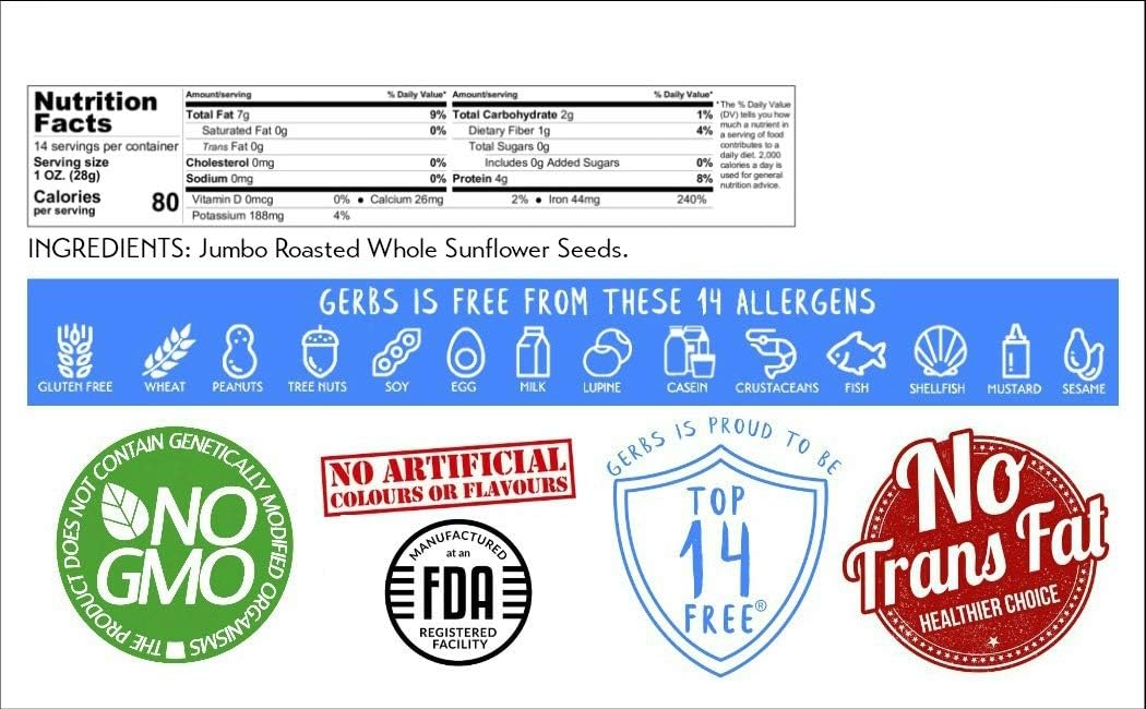 Lightly Sea Salted Sunflower Seed in Shell by Gerbs - 2 LBS - Top 11 Food Allergen Free & Non GMO - Premium Dry Roasted Seeds – COG USA | Small Batch, No Artificial Additives, Resealable Bag | Crack-and-Eat Crunchy Snack | Top 14 Allergen-Free