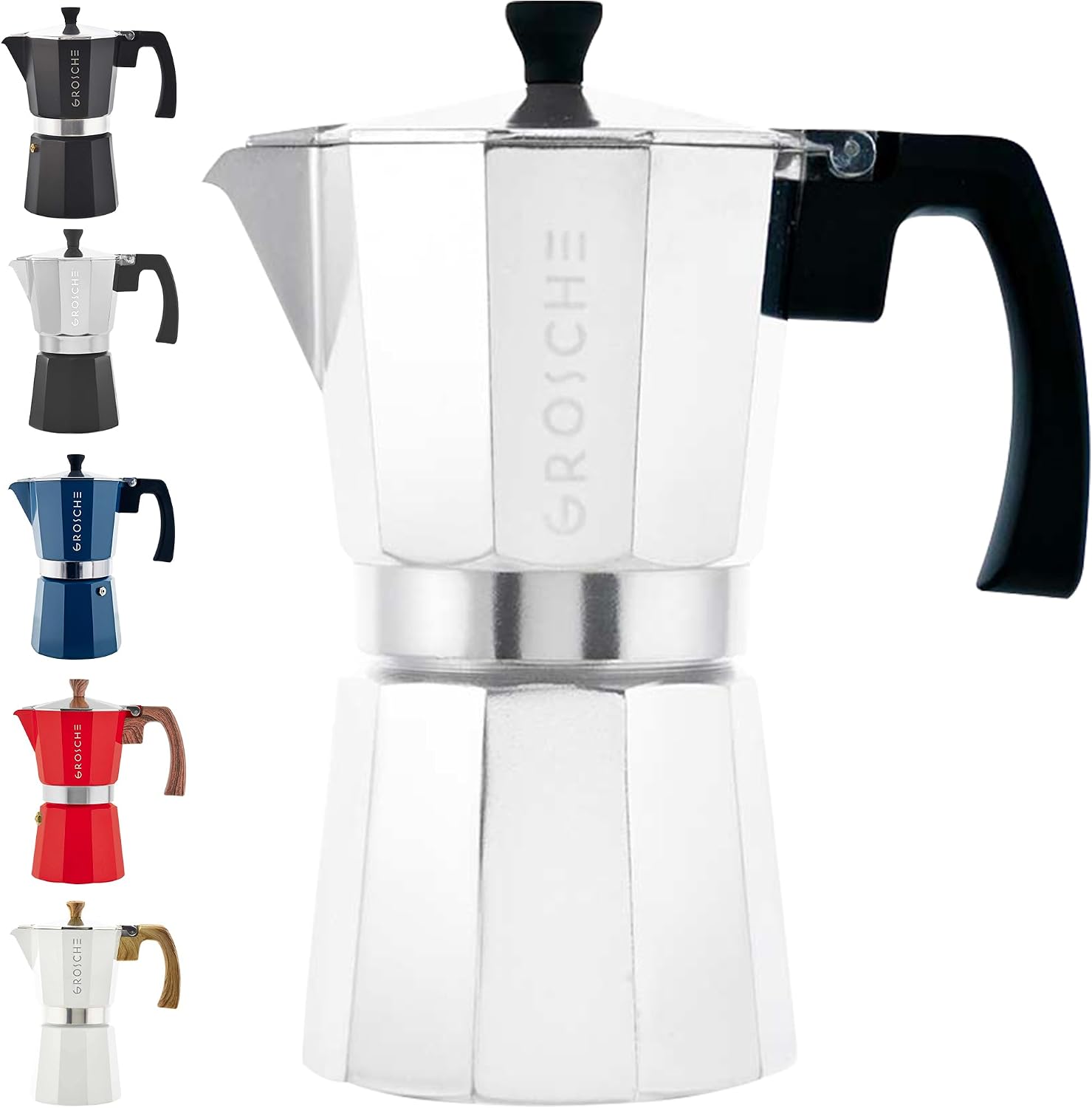 GROSCHE Milano Moka Pot | 9 Espresso Cup - 15.2 oz | Stovetop Espresso Percolator & Coffee Maker – Portable, Ideal for Home and Camping | Cuban Coffee Maker And Italian Moka Pot For Stovetop Espresso; For Gas, Electric, And Propane Stoves With A Soft-Tou…