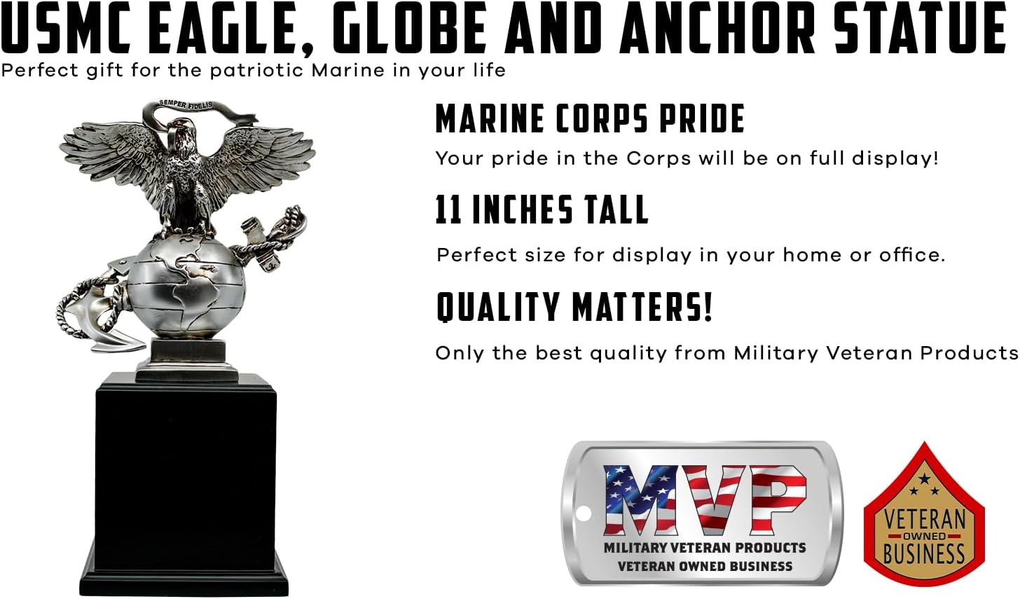 Military Gift Shop USMC 3D Eagle Globe & Anchor Statue with Wooden Base - Showcase of Marine Corps Pride - Marine Corps Gifts | USMC EGA Statue