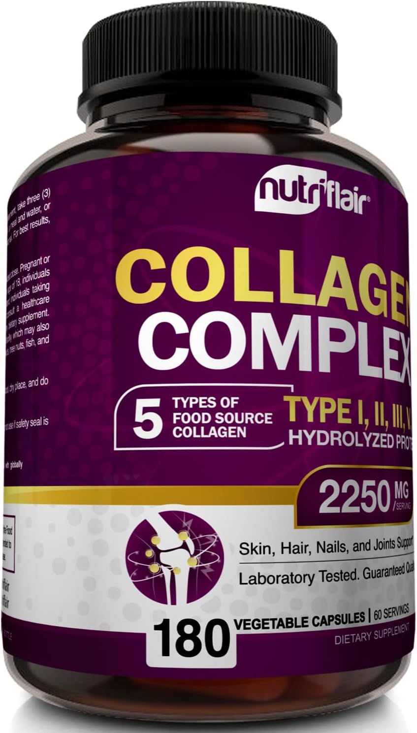 NutriFlair Multi Collagen Peptides 2250mg - Type I, II, III, V, X - Collagen Supplements Complex Powder Pills for Women and Men - Hydrolyzed Protein