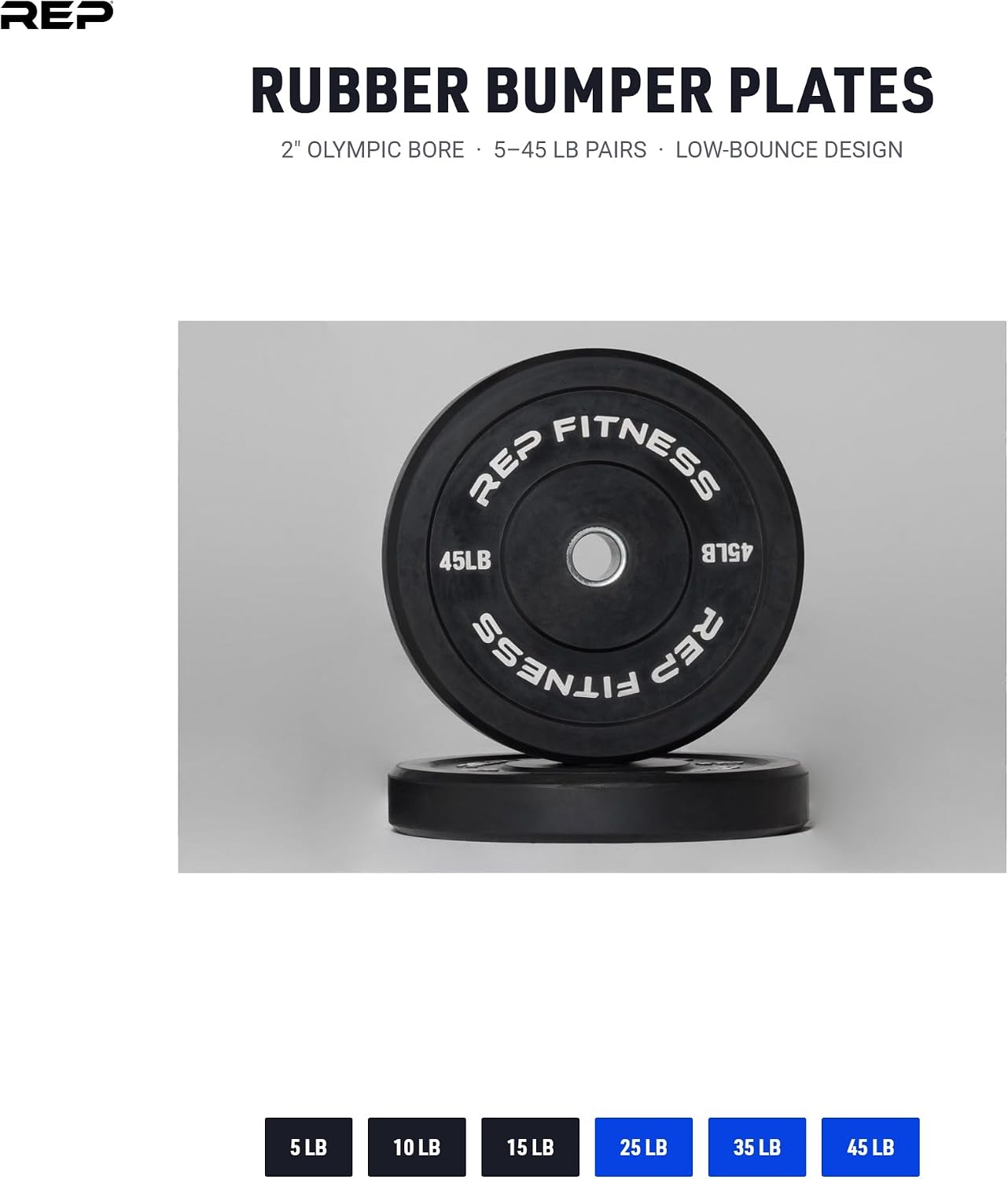 REP Fitness Rubber Bumper Plates, 5Lb to 370 lb Set Pairs, Olympic Standard Weights, Shock Absorbing Low Bounce Design, For Home Gyms, Fitness Centers, Strength Workouts, Barbell Use