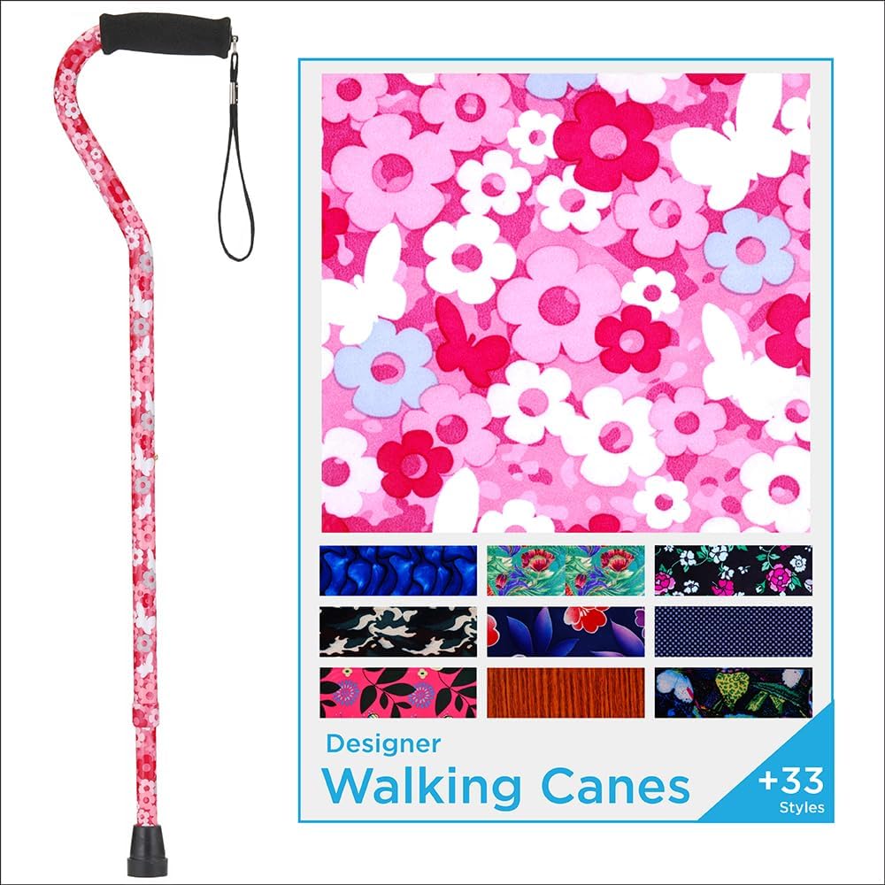 NOVA Designer Walking Cane with Offset Handle, Lightweight Adjustable Walking Stick with Carrying Strap, “Maui Flowers” Design